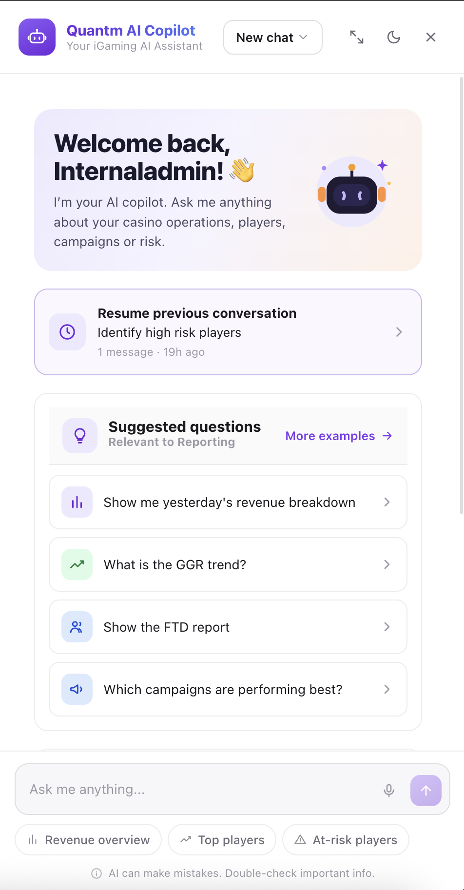 Quantm AI Copilot welcome screen with suggested questions