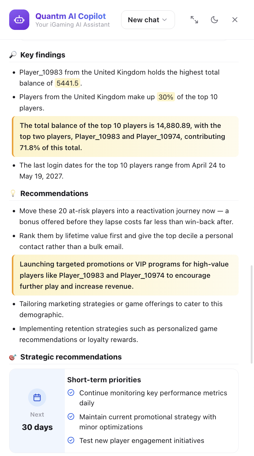 Quantm AI Copilot key findings and recommendations